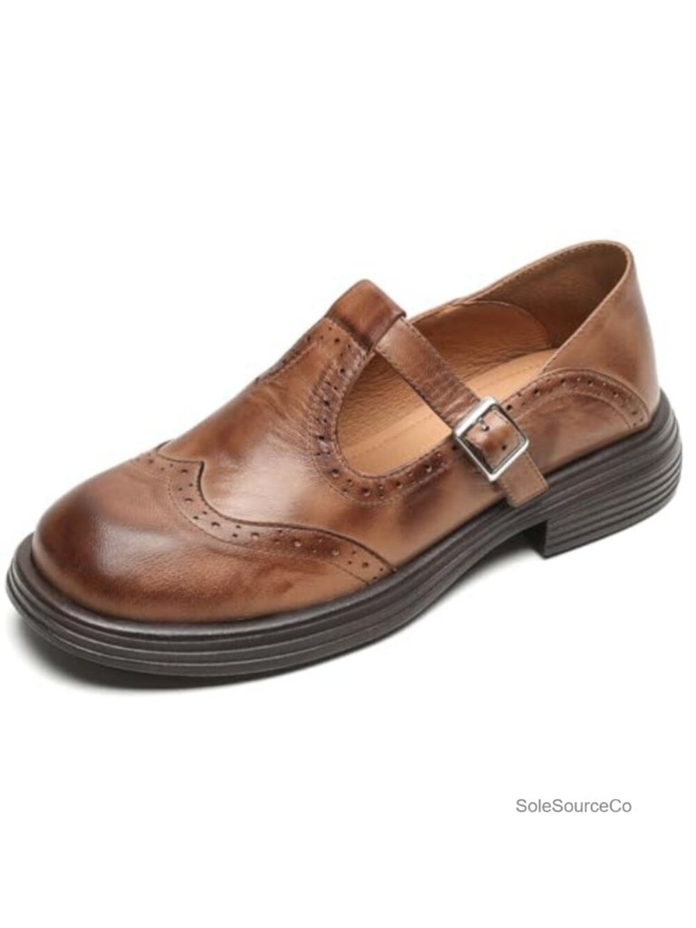 Women's Retro Oxfords Low Heel T-Strap Brogue Sheepskin